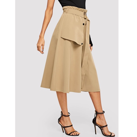 Trench Style Khaki Paper Bag Belted Midi Skirt - Picture 4 of 8